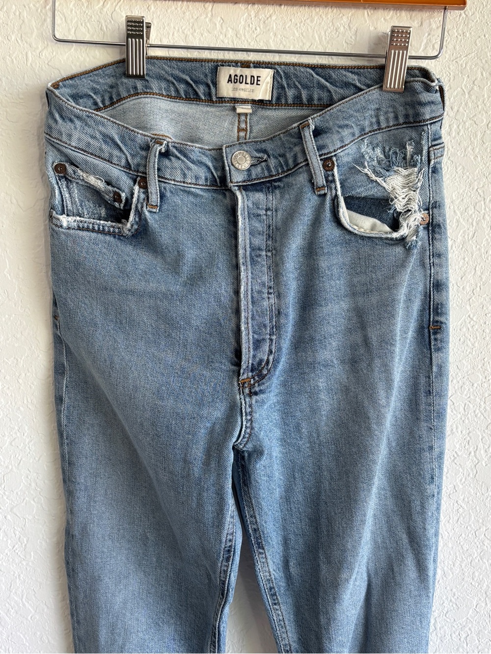 AGOLDE Nico Slim Straight Jeans | Light Blue Distressed | Size 27 | Rooted Wash